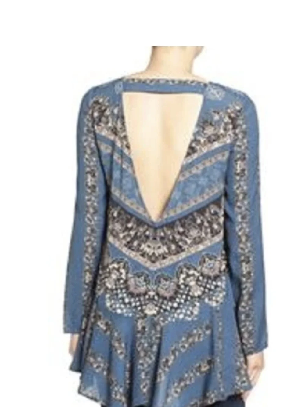 Free People Blue Printed Long Sleeve Backless Fit & Flare Dress S